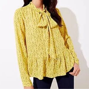 LOFT Peplum Bow Blouse‎ Lightweight Floral Saffron Yellow top Sz XL